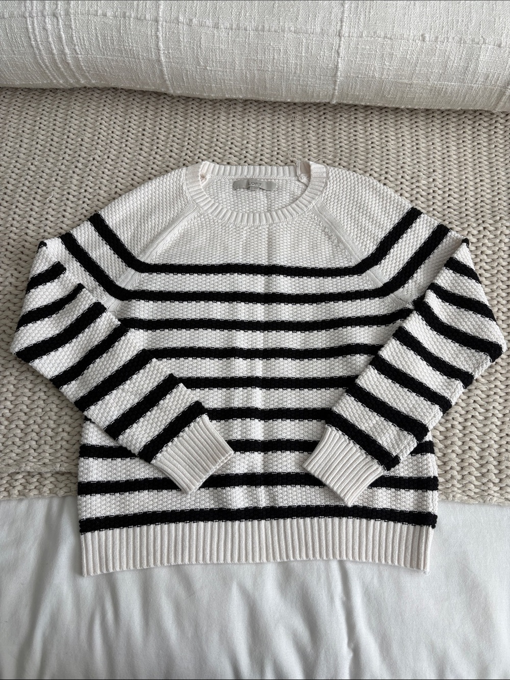 LOFT White and Black Striped Crewneck Sweater
